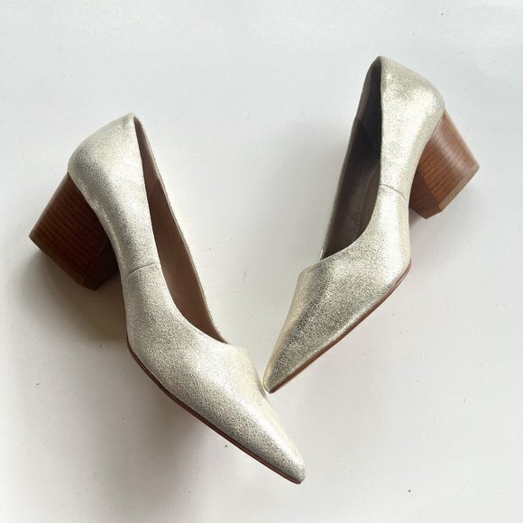 Donald‎ Pliner Anni Pointed Metallic Leather Pump Chunky Heel Size 7M Poi… - Picture 1 of 8